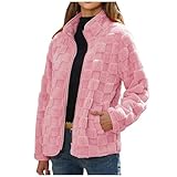 FUPODD Teddyfleece Jacke Damen Ohne Kapuze Winterjacke Damen Warm Flauschig Teddyjacke Kariert Fleecejacke Winter Stehkragen Teddy Mantel Mit Reissverschluss Fleece Jacken Mit Taschen Plüschjacke