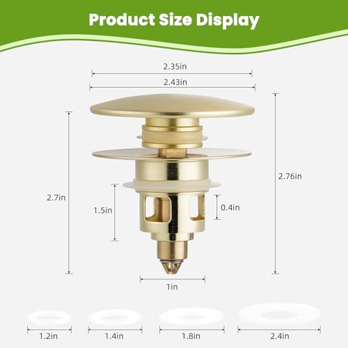 Image of Universal Bathroom Sink Drain Stopper Strainer, 2PCS, Brushed Gold | 2 in 1 Pop Up Sink Stopper for 1.1''~2.36'' Sink Basin Hole, Hair Catcher with Removable Stainless Steel Filter Basket