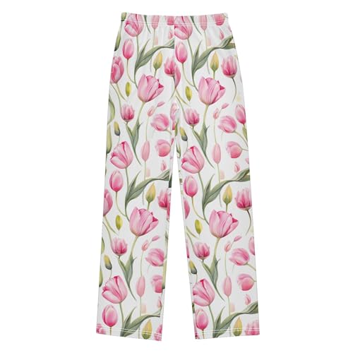 Pink Tulip Flower Long Pajama Pants Elastic Waist PJ Bottoms with Pockets S A1114852