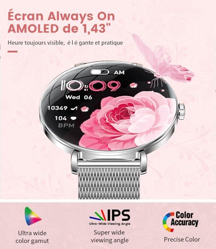LIGE Montre Connectée Femme avec Appel, 1,43'' AMOLED Smartwatch avec 2 Bracelets/Fonction Féminine/Fréquence Cardiaque/Sommeil, Etanche IP68 Montre avec 100+ Sportifs pour Android iOS – Image 5