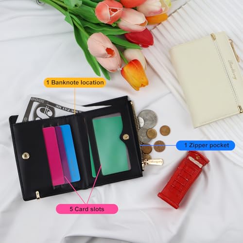 FuninCrea Small Wallet for Women, PU Leather Wallet Women Slim Wallet Bifold Zipper coin Pocket Card Holder Wallet with ID Window and Cash Slot, Compact Solid Color Ladies Wallet for Cion Card (White)4