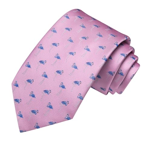 Image of Hi-Tie Light Pink Blue Flamingo Jacquard Men's Tie Sets Classic Necktie and Pocket Square Lapel Pin Silver Tie Clip Cufflinks Set Wedding Business 6PCS