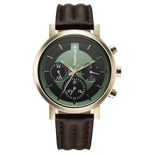 Image of Fastrack Chrome K Quartz Analog with Green Dial Brown Leather Strap Watch for Men - 3287QL02