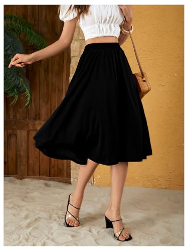 Verdusa Women's Elastic Waist Pocket Side A Line Midi Swing Flared Skirt3