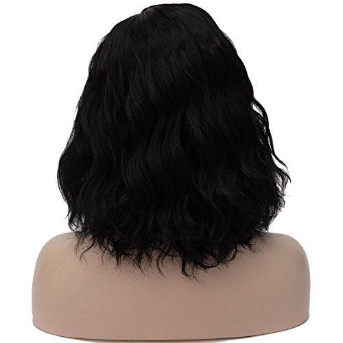 Cying Lin Short Bob Wavy Curly Wig Black Wig For Women Cosplay Halloween Wigs Heat Resistant Bob Party Wig Include Wig Cap (Dark Black) - Thumbnail 4