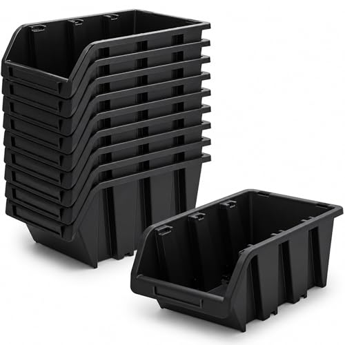PECZEKO Werkstatt-Stapelkiste, Stapelbox aus PP Kunststoff, Sichtbox Stapelbox, Lagerboxen für Werkzeugswand, Sichtlagerkasten, Sortierbox - Schwarz 10 Stück, 290x200 mm