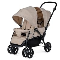 COSTWAY Double Seat Pushchair, Foldable Twin Tandem Stroller with Adjustable Backrest, Push Handle & Footrest, 5 Points Safety Belts, Sunshade, Storage Basket, for from Birth to 15kg (Khaki)