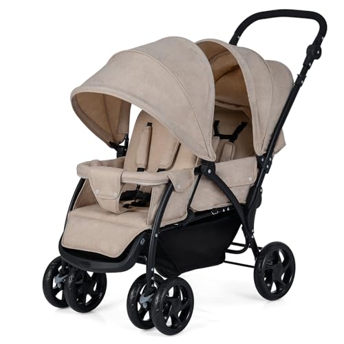 COSTWAY Double Seat Pushchair, Foldable Twin Tandem Stroller with Adjustable Backrest, Push Handle & Footrest, 5 Points Safety Belts, Sunshade, Storage Basket, for from Birth to 15kg (Khaki)