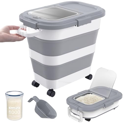 HOYTAMDA 25-35Lbs Rice Container Collapsible Airtight Food Storage Containers with Wheels Handle Rice Storage Container with Small Bin and Scoop Rice Dispenser for Flour Sugar Cereal Grain Dog Cat