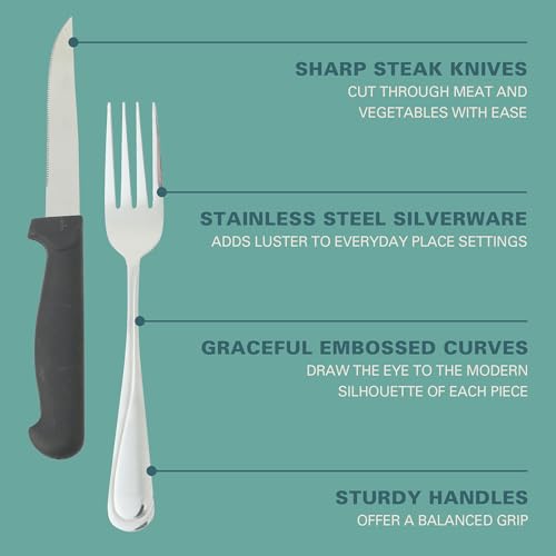 Image of Gibson Home Trillium Plus 24-Piece Stainless Steel Flatware Utensil Set with Steak Knives - Silverware Service for 4 with Teardrop Handle Design