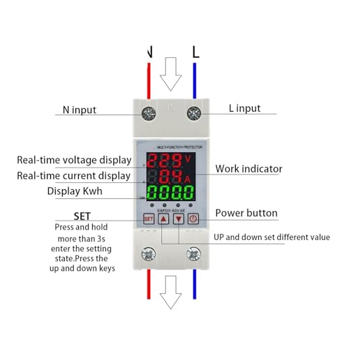 Relé protector ajustable de sobrevoltaje y corriente de 63 A para riel DIN en redes de 230 V 6