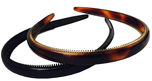 Parcelona French Reg Tortoise Shell Brown and Black 1/2" Wide Celluloid Made in France Set of 2 Hair Headbands with Inner Teeth Nibs for Women and Girls