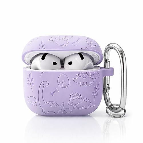 Image of Emoh Roced Case for Airpod 4 with Keychain,Silicone Dinosaur Engraved Cases Compatible with Apple AirPods 4th Generation 2024, Anti-Scratch, Protective Case Cover (Lavender, for AirPods 4)