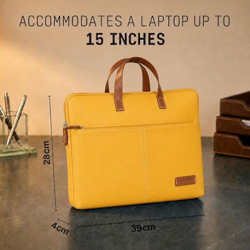 Image of Giftana 6 in 1 Laptop Bag with Personalized Diary and Pen, Keychain, Card Holder, Mobile Stand with Name, Customized Fathers Day Gift for Dad, Corporate Gift for Employees (Yellow)