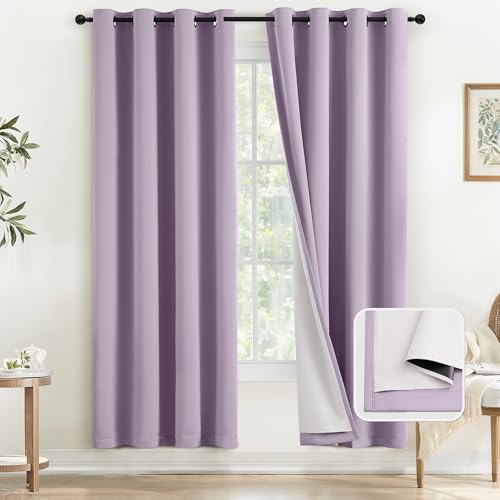 Image of COSVIYA Lilac 100% Blackout Curtains for Bedroom 72 inch with White Back | 2 Thick Layers Full Room Darkening Thermal Insulated Curtain,Grommet Window Drapes for Living Room, 2 Panels,52x72 Inch