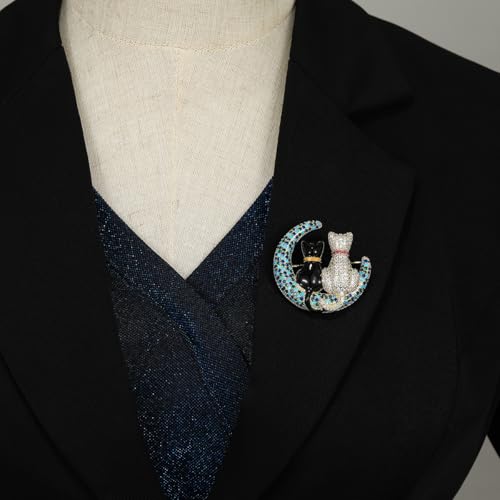 Image of Rhinestone Couple Cats on the Moon Brooch Pin for Women Men Vintage Lapel Pins Funny Statement Cute Kitty Crystal Turquoise Animal Kitten Crescent Brooches Christmas Birthday Jewelry Gift Unisex