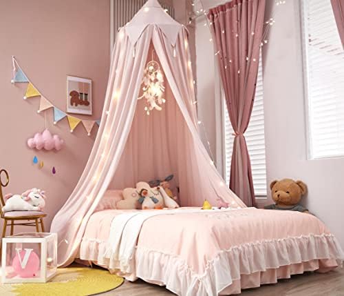 Akiky Bed Canopy for Girls with Lights Princess Dream Catcher for Kids Reading Nook Bed Tent for Twin Full Queen Size Bed,Room Decor (Beige Pink)