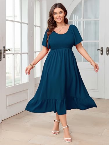 Image of SCOMCHIC Women's Plus Size Summer Dress Casual Short Sleeve Scoop Neck Maxi Dress Smocked Ruffle Boho Flowy Long Dresses