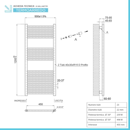 Termoarredo Scaldasalviette Bianco 500X1200 Interasse 450 Mm - 3