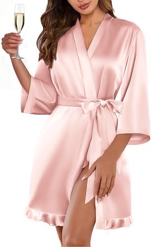 Ekouaer Women's Satin Robes Silk Kimono Bath Robe Short Ruffled Hem Bride Bridesmaid Sleepwear with Pockets