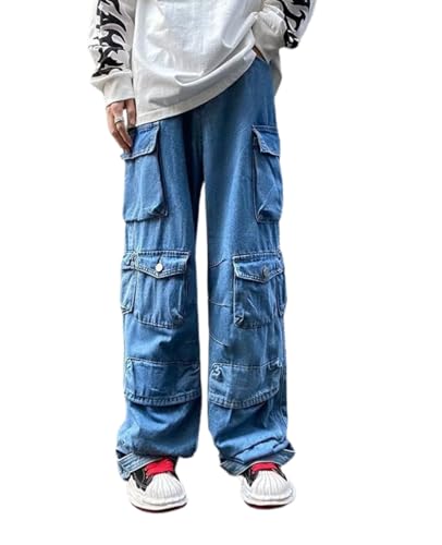 Men's Baggy Cargo Pants Athletic Mid Waist Multi-Pocket Straight Leg Jeans Y2K Gothic Streetwear Casual Clothes