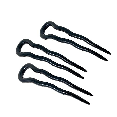 Parcelona French Mystic Wavy Set of 3 Celluloid U Shaped Hair Pins for Hair Bun Style for Women Fashion Flexible Durable Girls Styling Paris Hair Accessories, Made in France (Black)