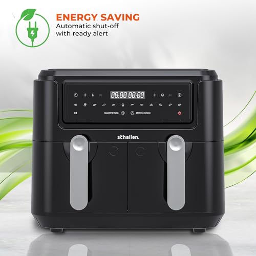 Schallen 10L Black Dual Air Fryer with Twin Double Drawer Frying Trays, Digital, 10 Preset Functions, Low Running Cost and 60 Min Timer | Healthy Oil Free & Low Fat Cooking Machine - Image 4