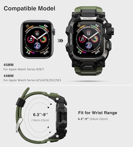 Image of ULTIMAL Rugged Case with Band for Apple Watch 44mm,Compatible with Apple Watch Series SE 3 /SE 2 /SE Generation /6 /5 /4, Military Grade Shockproof Bumper Cover for iWatch Tactical Band Men (Army Green, 44mm)