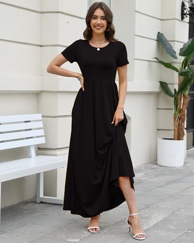 Image of COSSEN Women's Crew Neck Short Sleeve Maxi Dress with Pockets Casual Loose Swing for Wedding Guest Beach Vacation