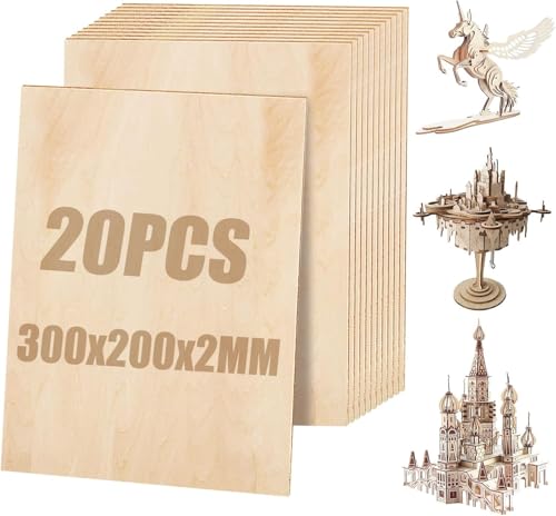 SENENQU Lot de 20 Contrachapado 2 mm, 300 x 200 mm x 2 mm Panel de Contrachapado, Tabla de Madera Para Pirografía Manualidades Artesanía en Madera Modelos y Pinturas