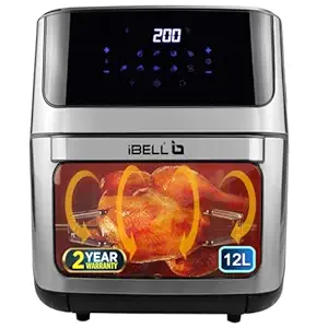 iBELL AF1270M Air Fryer Oven 12L, 2 Year Warranty, 2000W, with Rotisserie + Skewer Set + Rotating Mesh Basket + Crisper tray, 360 Turbo Hot Air Circulation, 10 Presets, Timer & Auto-off (Black)