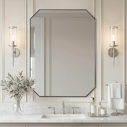 Image of ANDY STAR Chrome Bathroom Mirror, 30x40 Inch Octagonal Vanity Mirror in Stainless Steel Metal Frame, Anti-Rust, Shatterproof HD Glass, Wall Mounted for Bathroom, Bedroom, Living Room