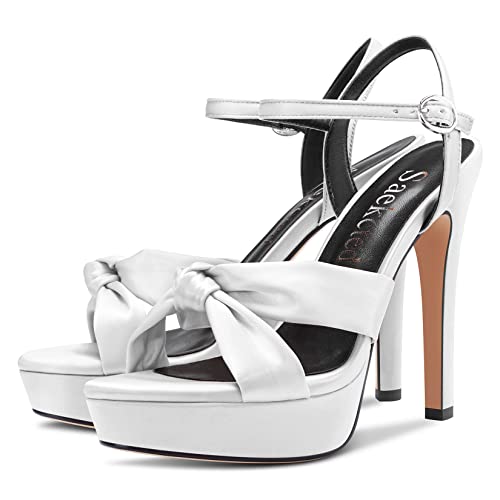 Saekcted Women Stiletto High Platform Heel Peep Open Toe Sandals Ankle Strap Slingback 5.1 Inches Heels Wedding Party4