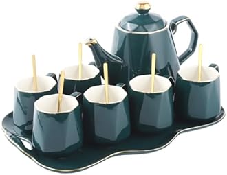 DUJUST 14 pcs Tea Set of 6 with Tray & Spoons, Modern Diamond Design Tea/Coffee Cup Set with Golden Trim, Chic Porcelain Living Room Decor, Fine-China Teapot Party Set, Gift Package - Green