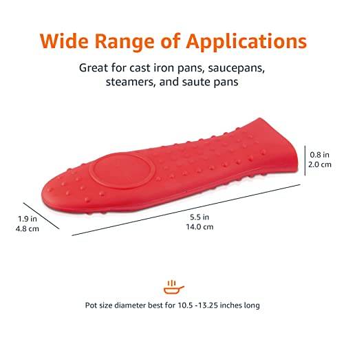 Image of Amazon Basics Heat Resistant Non-Slip Silicone Hot Handle Holder, Rectangular Pot Handle Cover for Kitchen, Insulating Protection, Red, 5.6 inch L x 1.9 inch W (Pack of 2)