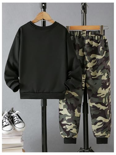 SweatyRocks Boy's Clothing Sets Camo Print Crewneck Sweatshirt and Elastic Waist Sweatpants 2 Piece Outfits2