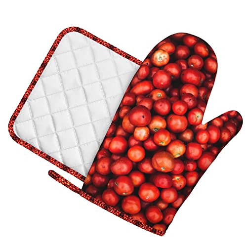 Red Round Fruits Printed Oven Mitts And Pot Holders Sets Non-Slip Anti-Scalding Glove Mitt For Cooking Kitchen Mitt Potholders 2 Piece Set #TOP1