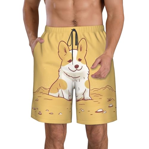 Men's Swim Trunks Corgi Dog in The Sand Quick Dry Board Shorts Mens Bathing Suit Beach Swimwear with Pockets