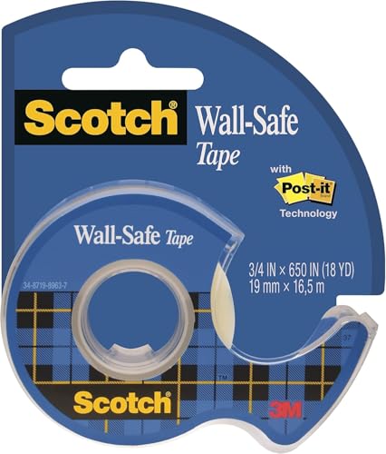 Scotch Wall-Safe Tape - 1 Roll On Handheld Dispenser, 19 mm x 16.5 m - Sticks Securely, Removes Cleanly, Invisible, Photo-Safe - For Office And Home Use