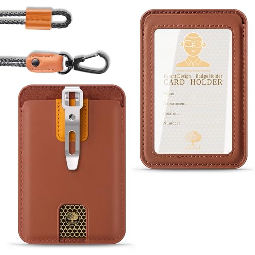 Trezalmyx2026 UpgradedLeather ID Badge Holder Premium Leather Badge Holder with Clear Window Adjustable Lanyard and Detachable Metal Clip for Office and School Use (Brown)