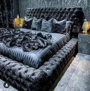Beds & Co Grey Plush Velvet Upholstered Regal Ambassador Bed Frame and Headboard - Mattress - Hand Made in the UK (Black-Crush Velvet, Super King With Mattress 6FT)