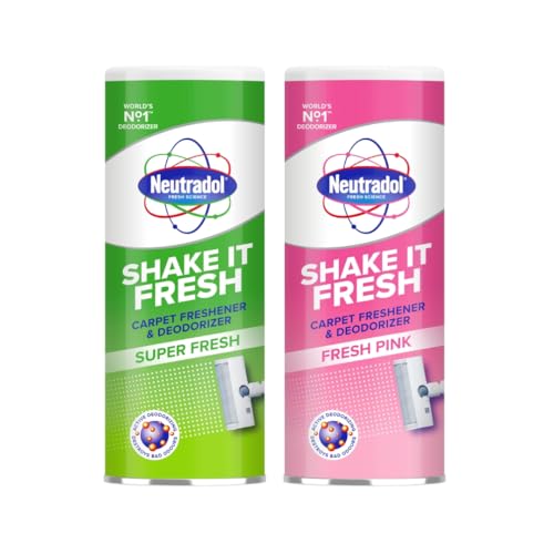 Neutradol Shake It Fresh Carpet Deodoriser Odour Neutraliser for Carpets & Rugs Pink & Super Scent Multipack of 2 x 350g