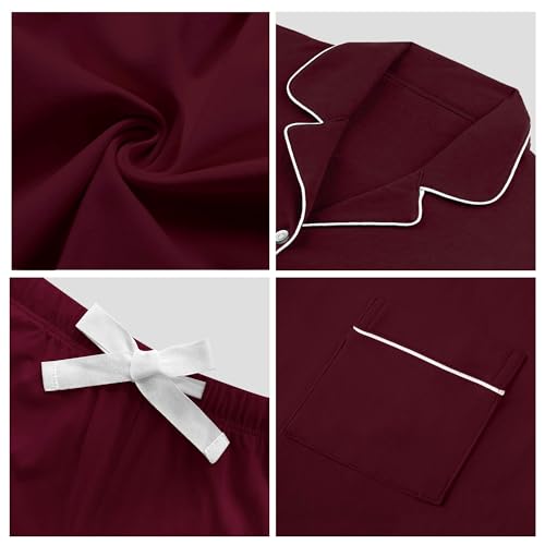 Image of COLORFULLEAF Women's 100% Cotton Pajamas Set Button Down Sleepwear Short Sleeve Shirt and Long Pants Soft Ladies Lounge Sets