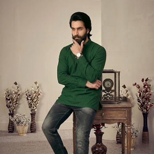 Image of Men's Cotton Regular Short Kurta | Casual & Ethnic Wear with Long Sleeve