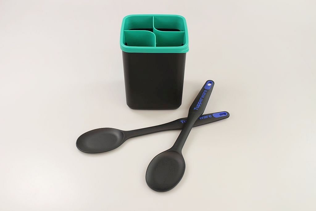 TUPPERWARE Griffbereit Ordnungstopf schwarz-türkis + Kochlöffel (2) schwarz-blau