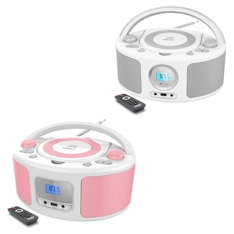 CD Radio Portable CD Player Boombox with Bluetooth,FM Radio,Remote Control,USB Input and 3.5mm AUX Headphone Jack,CD-R/CD-RW/MP3/WMA Playback(White+Pink) Cover