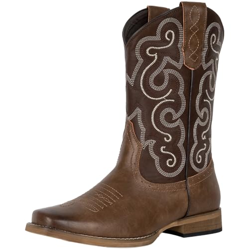 J's.o.l.e Cowboy Boots For Men Square Toe Classic Embroidered Western Country Boots Brown Size US 8