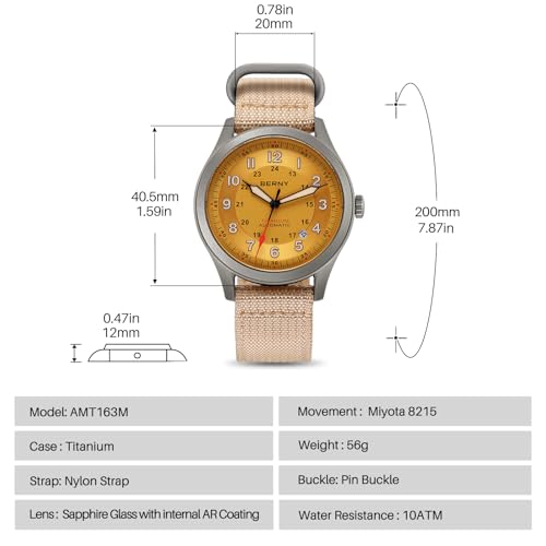 Image of BERNY Automatic Titanium Watch for Men 10ATM Waterproof Men's Field Watch Super Luminous Male Analog Mechanical Military Wrist Watch AR Sapphire Crystal Date Calendar Birthday Present