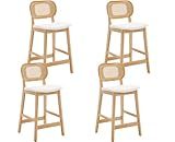EALSON Counter Height Bar Stools Set of 4 Rattan Back Farmhouse Barstools Mid Century Modern Wood Bar Chairs Comfortable Linen Upholstered Kitchen Island Chairs for Pub/Breakfast Bar, Beige