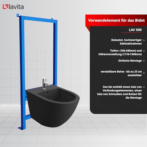 LAVITA Vorwandelement für Bidet LAV 500 + Wand-Bidet Sinto Black Komplettset Wand-Hänge Bidet mit Hahnloch und Überlaufschutz aus Keramik WC Toilette Hygienisch und Pflegeleicht 35,5x51x34 cm – Bild 4